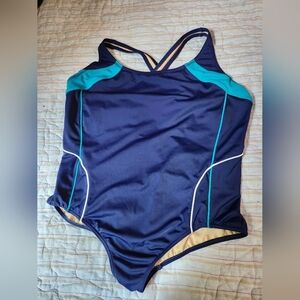 Lands' End Criss Cross One Piece Swimsuit - Navy and Teal Sz 18W